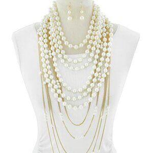 Lightweight Statement Multi Layered Strands of Faux Pearls in Gold Tone Necklace